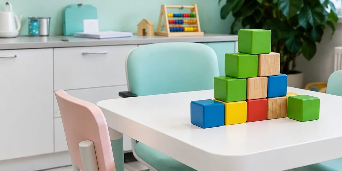 Sala de atendimento infantil com mesa, cadeiras e blocos coloridos, representando um ambiente de aprendizagem e intervenção comportamental.