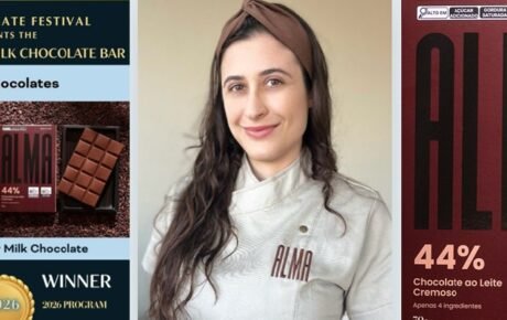 Francine Corrado, engenheira de alimentos e proprietária da ALMA Chocolates, celebra a medalha de prata na categoria chocolate ao leite do Chocolate Alliance Awards.